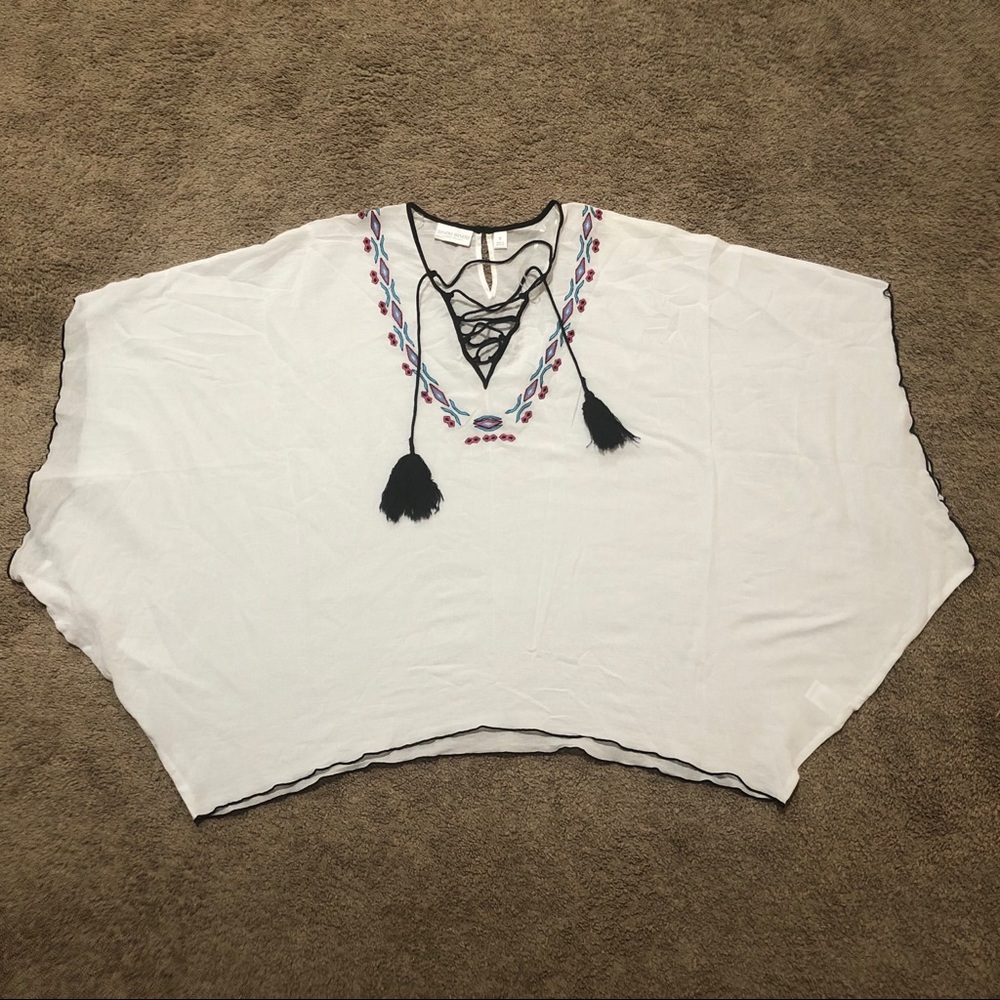 Bisou Bisou Michele Bohbot Embroidered Tassel Poncho Cover-up Top Cotton Size S